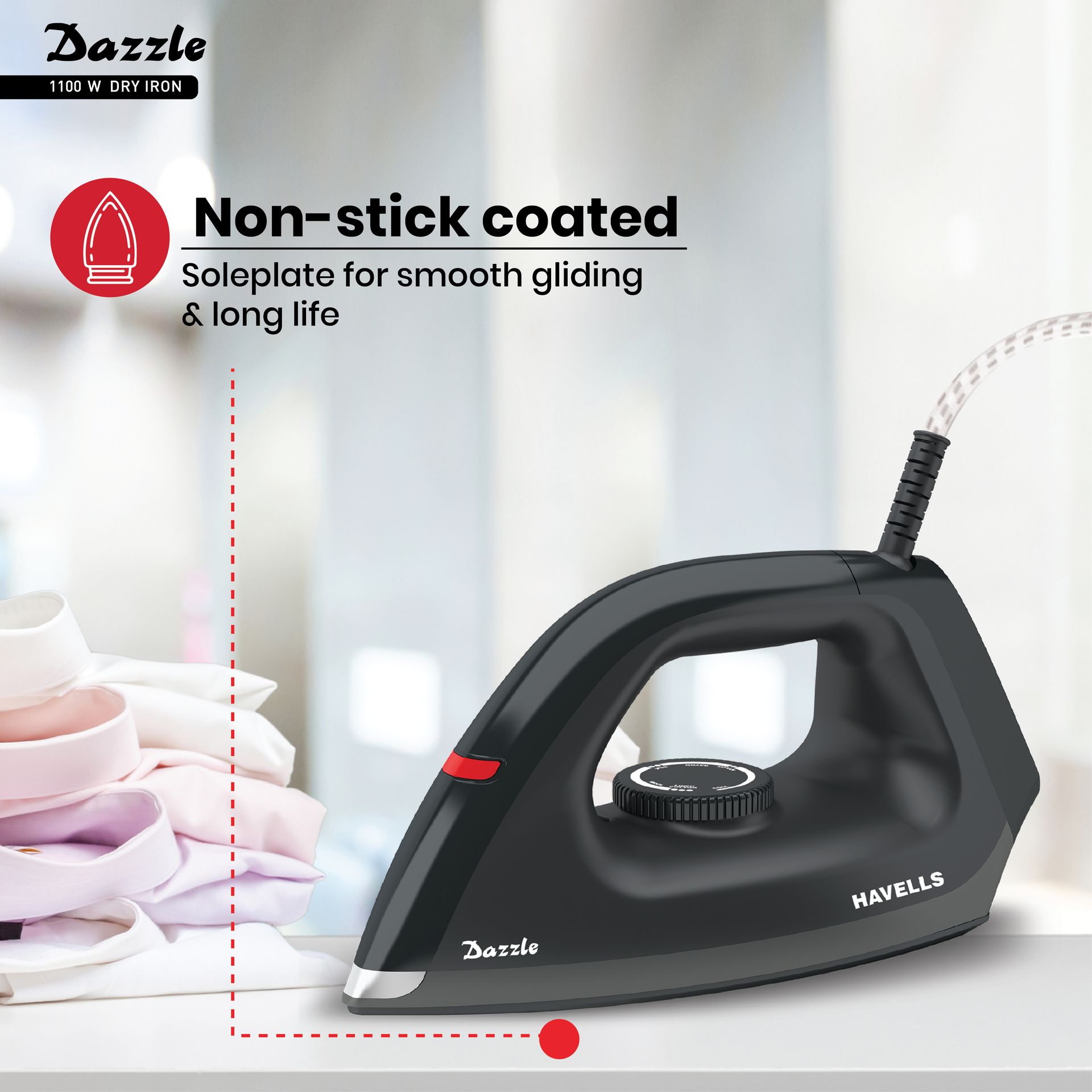 Havells Dry Iron Dazzle 1100 Watts, Iron Press, Greblon Non Sick Soleplate with German Technology| Shock Proof Body| Aerodynamic Design, 360° Swivel Cord|2 Years Door Step Warranty by Havells (Black)