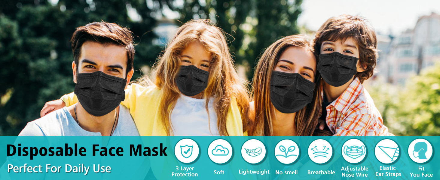 ZTANPS 100 PCS Disposable Face Masks, Black Disposable Masks, 3 Ply Protection Face Masks