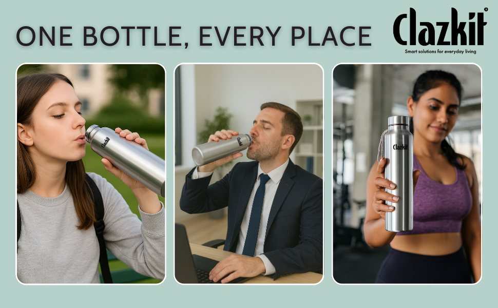 Clazkit Water Bottle Stainless Steel Sports/Fridge Bottle with Leak Proof Lid | Single Wall | For Home, Office, Gym, Travelling | Lightweight | BPA Free | 1000ml | Silver)