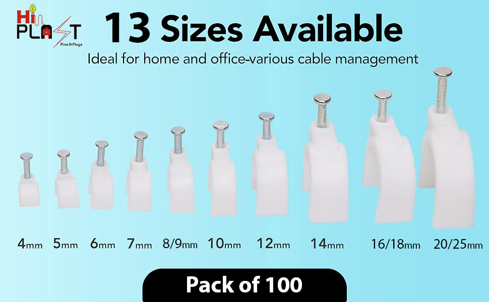 Hi-PLASST (7mm, Pack of 100) Cable Clips with Metal Nails - Heavy Duty Wire Fasteners, Cord Organizers, Round Cable Clamps for Wall-Mounted Cable Management, Hanging Wires, Home & Office Use