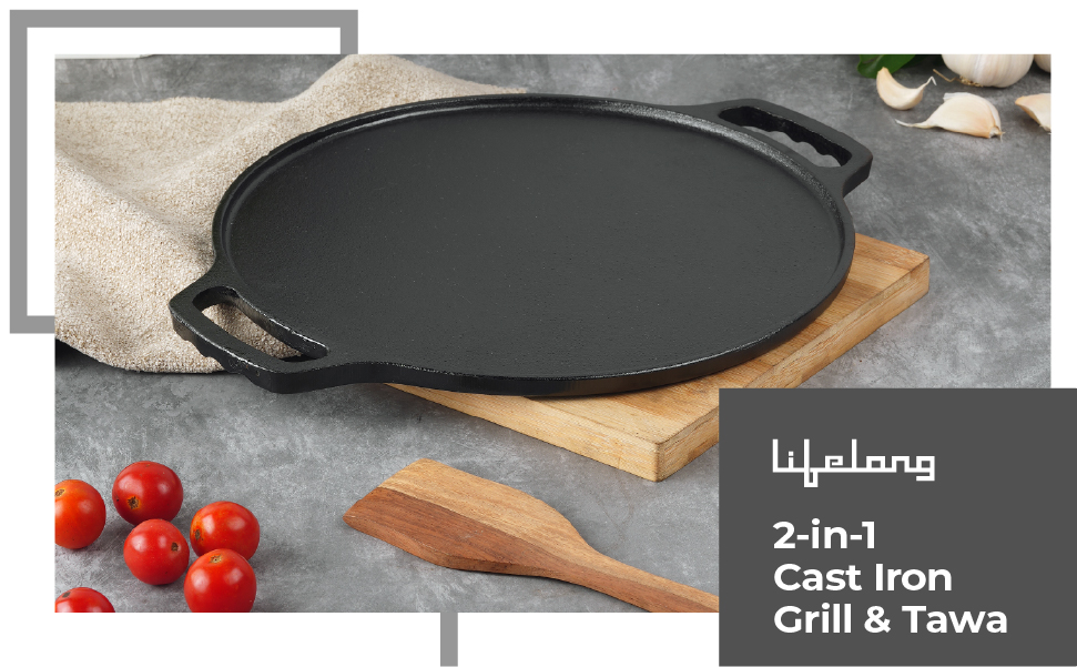 Lifelong Cast Iron 2-in-1 Dosa Tawa & Grill with Wooden Spatula (30cm) | Double-Sided Tawa/Pan for Roti, Dosa, Chapati, Fish & Steak | Naturally Nonstick, Gas & Induction Cookware | Reversible Cooking