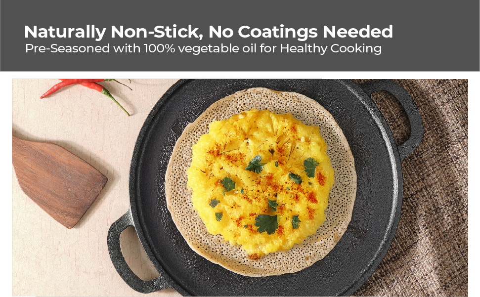 Lifelong Cast Iron 2-in-1 Dosa Tawa & Grill with Wooden Spatula (30cm) | Double-Sided Tawa/Pan for Roti, Dosa, Chapati, Fish & Steak | Naturally Nonstick, Gas & Induction Cookware | Reversible Cooking