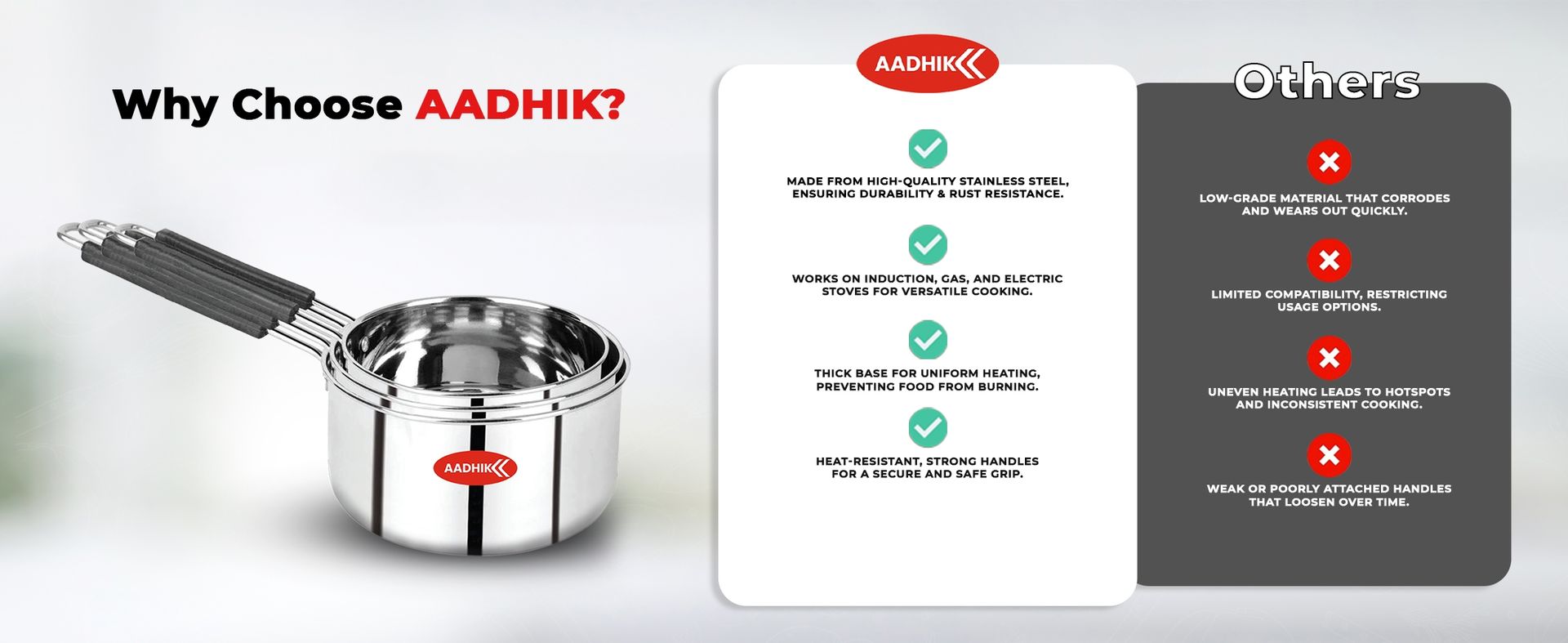 AADHIK Stainless Steel Sauce Pan, Tea Pan, Milk Pan Heavy Guage 1.5 Litre (Induction and Gas Stove Friendly), Silver