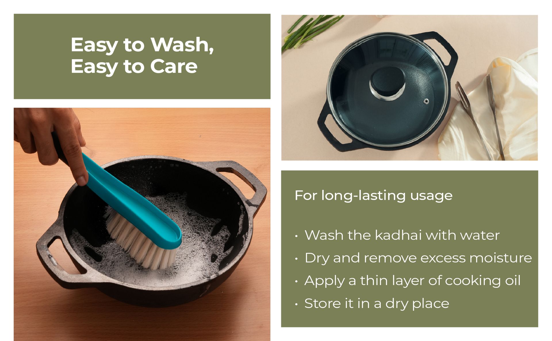 Lifelong Cast Iron Kadhai 24cm with Glass Lid & Wooden Spatula | 3.3L, 2.4kg | Pre-Seasoned, Even Heat Distribution, Toxin & Teflon Free, Non-Stick, & Durable | Gas & Induction Stovetop Compatible