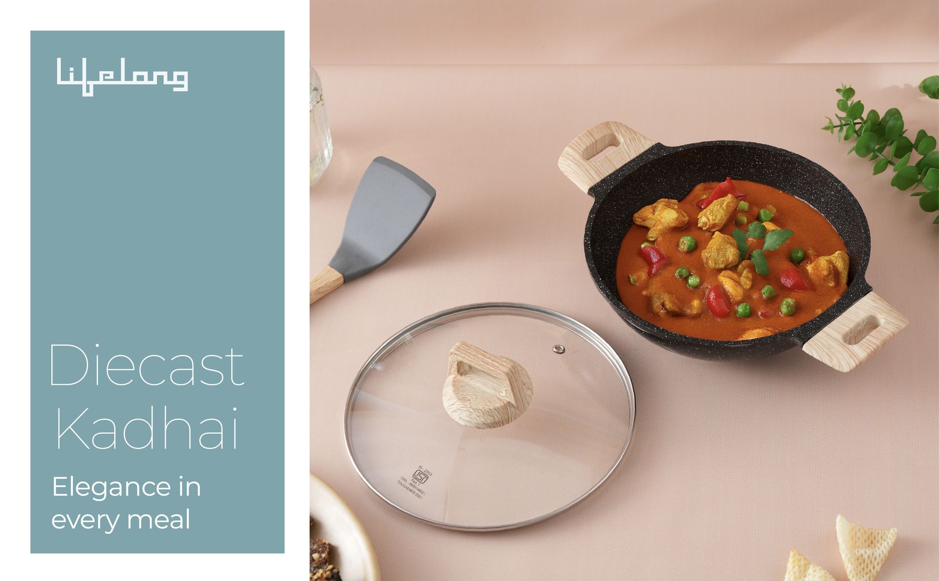 Lifelong Die-Cast Kadhai 24cm with Glass Lid & Wooden Spatula | 1.9L, 1.5Kg | Gas & Induction Compatible | Even Heat Distribution, Toxin & Teflon Free, Non-Stick, & Durable | Perfect for Cooking