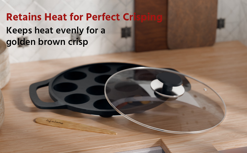 Lifelong Cast Iron Paniyaram Pan with Glass Lid, 210mm Diameter, Black, Non-Stick & Teflon Free, Induction and Gas Stove Compatible