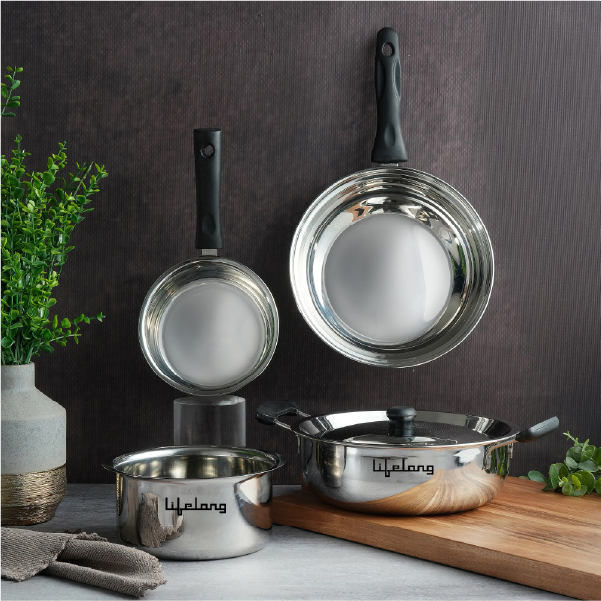 Lifelong 4 Pc Stainless Steel Cookware Set | 2.2L Kadhai with Lid 22cm | 1.4L Fry Pan 22cm | 1.2L Saucepan 14cm |1.4L Tope 16cm | Comes with Common Lid | Induction & Gas Compatible |Bakelite Handles