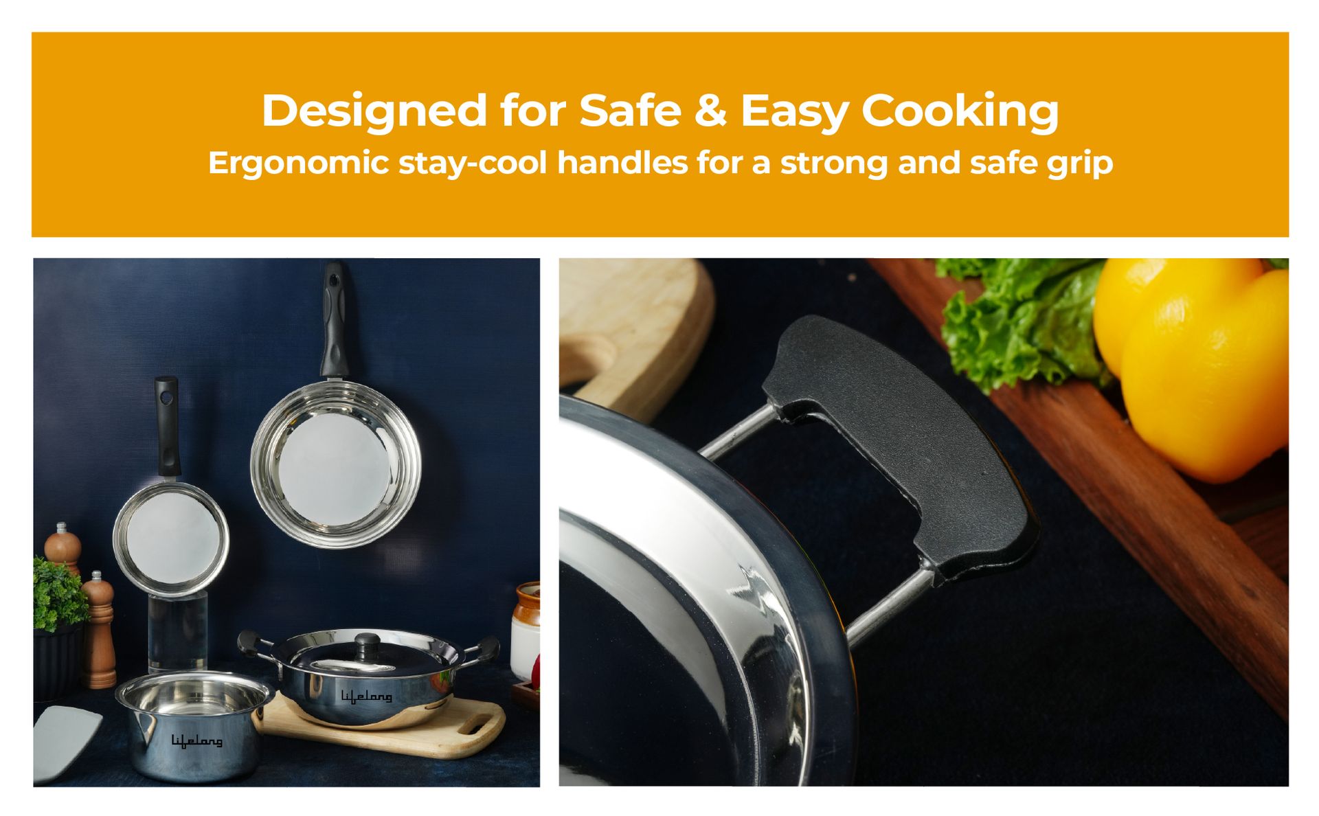 Lifelong 4 Pc Stainless Steel Cookware Set | 2.2L Kadhai with Lid 22cm | 1.4L Fry Pan 22cm | 1.2L Saucepan 14cm |1.4L Tope 16cm | Comes with Common Lid | Induction & Gas Compatible |Bakelite Handles