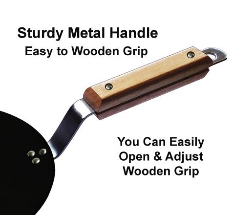 amicus Kitchen Premium Iron Tawa for Roti Chapati Concave Iron Tava with Wooden Handle 10 Inch 1.2 Kg Black Food Grade Smooth 100% Multipurpose Tawa