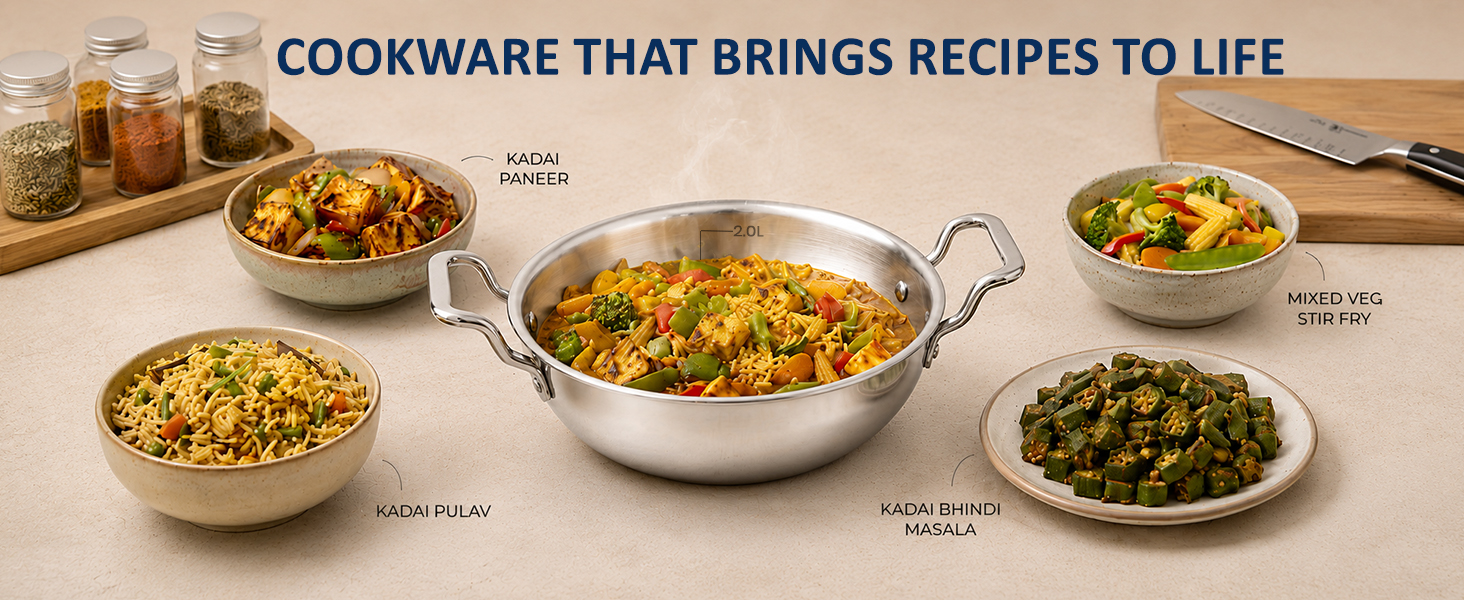 SOLARA Triply Stainless Steel Kadai with SS Lid 28 cm, Tri Ply SS Kadhai, Heavy Bottom Induction Base Cookware, Stainless Steel Cooking Pot for Frying, Sauteing, Curry