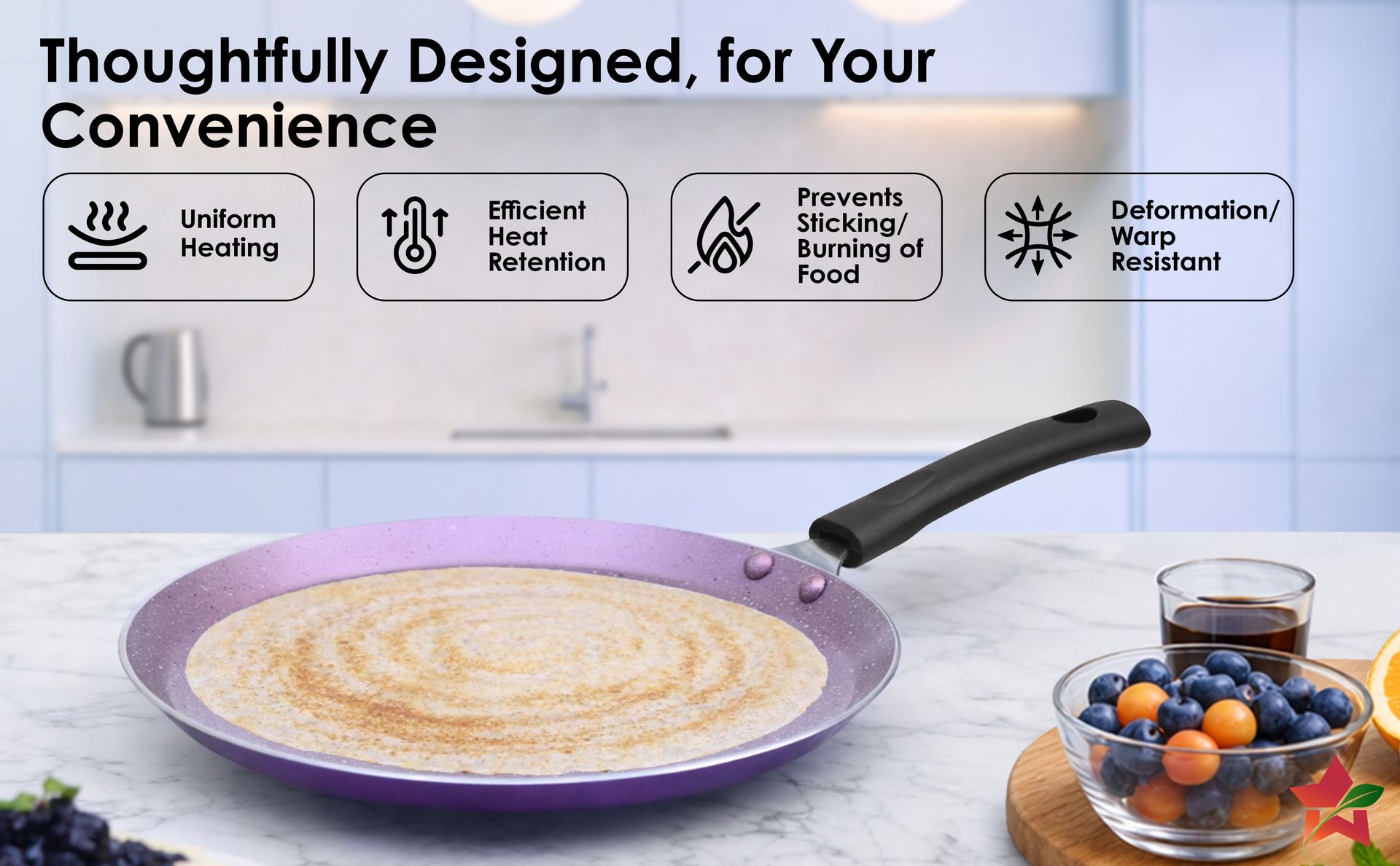 Wonderchef Valencia Non-Stick 28 Cm Dosa Tawa | Cool Touch Bakelite Handle | Pure Grade Aluminium| PFOA Free| 1 Year Warranty | Purple