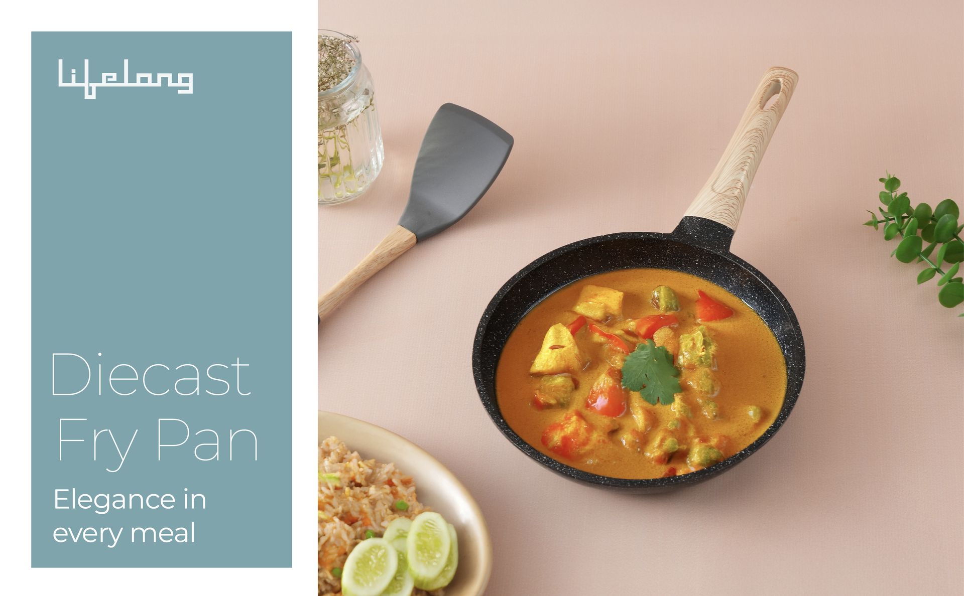Lifelong Die-Cast Fry Pan 24cm with Glass Lid & Wooden Spatula | 1.3Ltr, 0.75kg Pan | Gas Stove and Induction Friendly | Non-Stick Pre-Seasoned 100% Toxin & Teflon Free & Durable | Skillet for Cooking