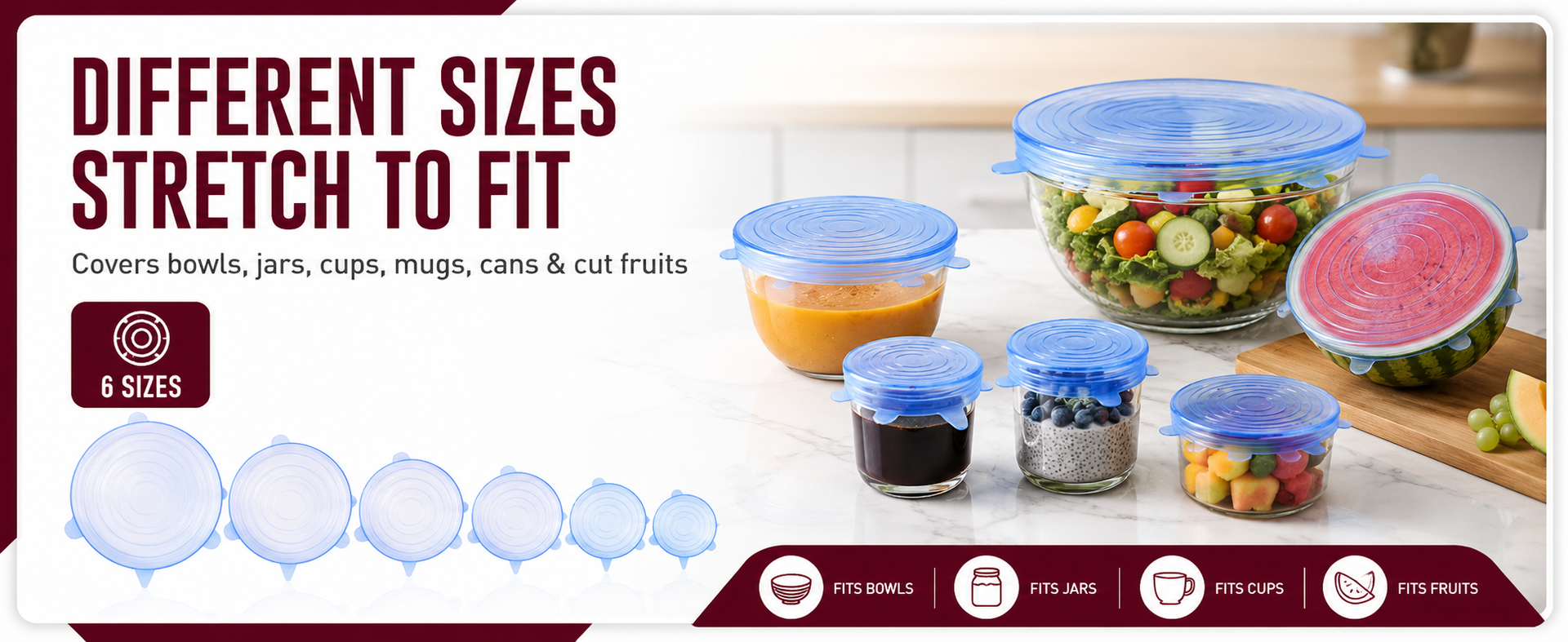 Carrot - Silicone Stretch Lids, Multi Size Reusable Silicone Lids Food And Bowl Covers, Dishwasher And Freezer Safe (Color May Vary) (Pack Of 6 Pcs), 10x10x2 Cm