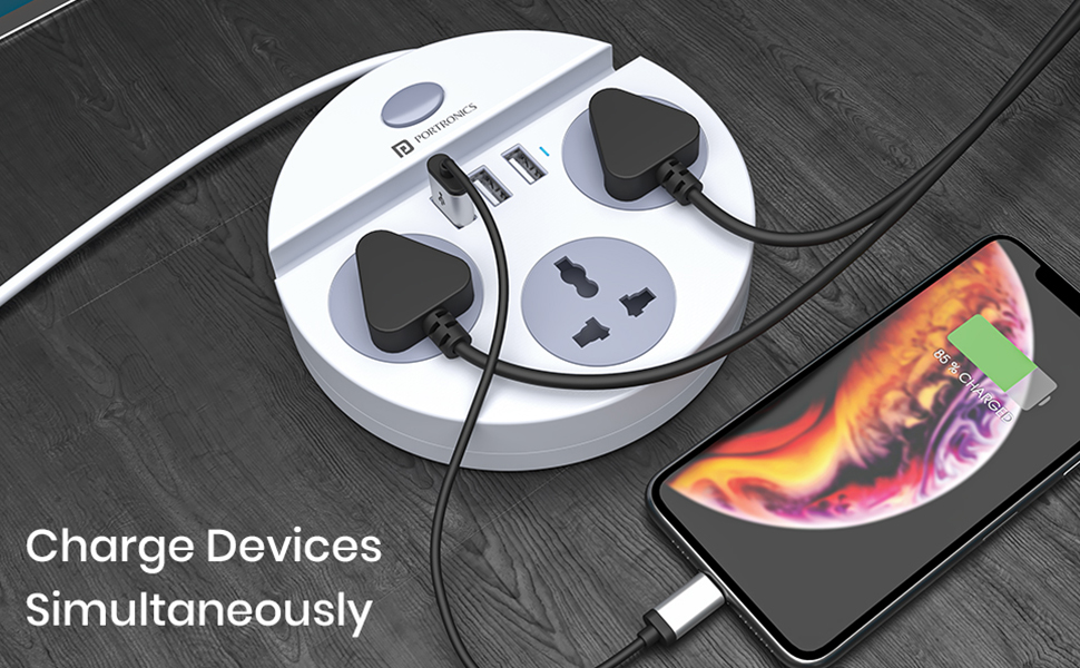 Portronics Power Plate 5 1500W Power Converter with USB Charger & Mobile Holder 3AC Socket + 3USB Ports I 1.5 m Cord Length ( White)