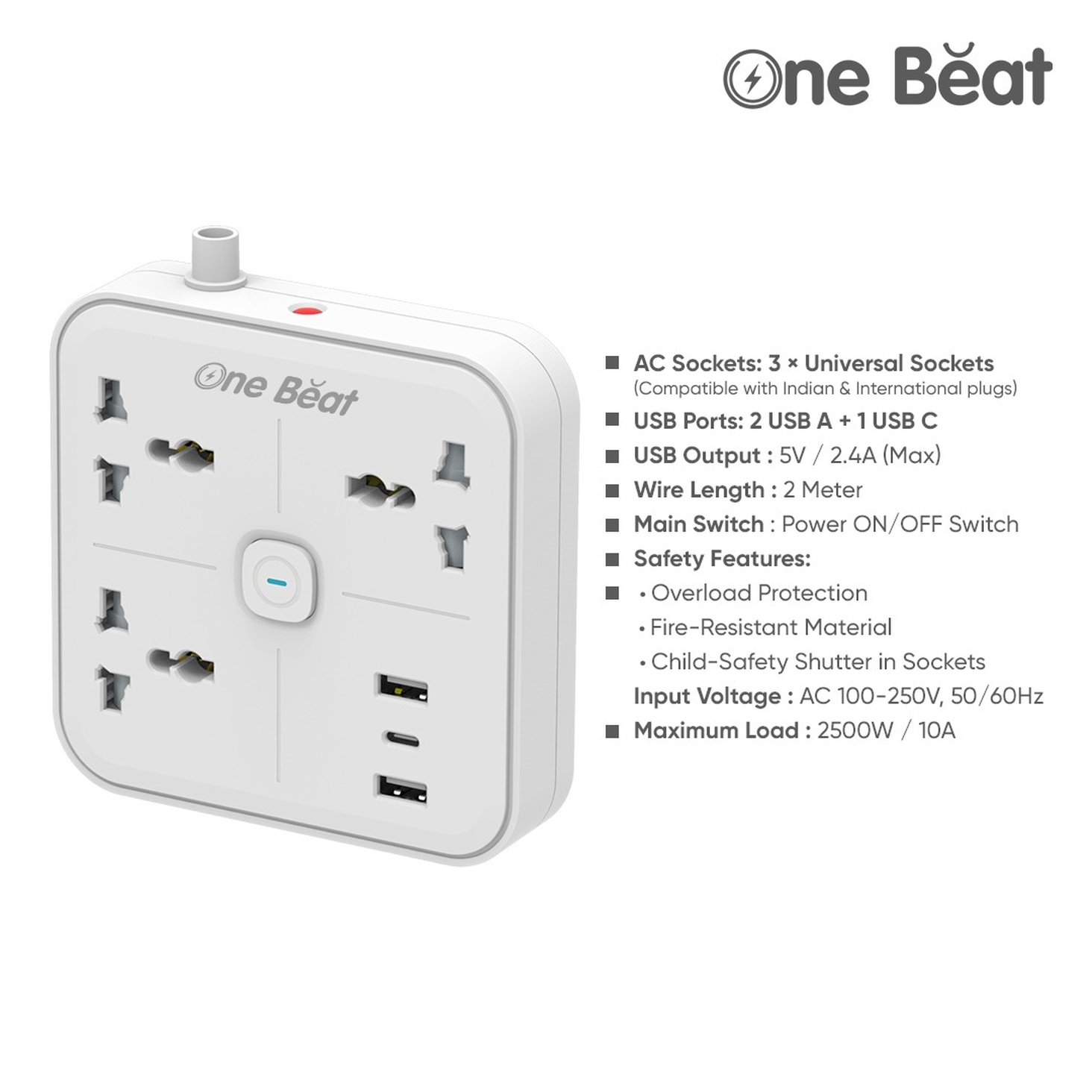 One Beat Cordless Extension Board with Individual Switch-Multi Plug Socket with 2 Sockets + 3 USB - Flex Board with Safety Shutter Protection