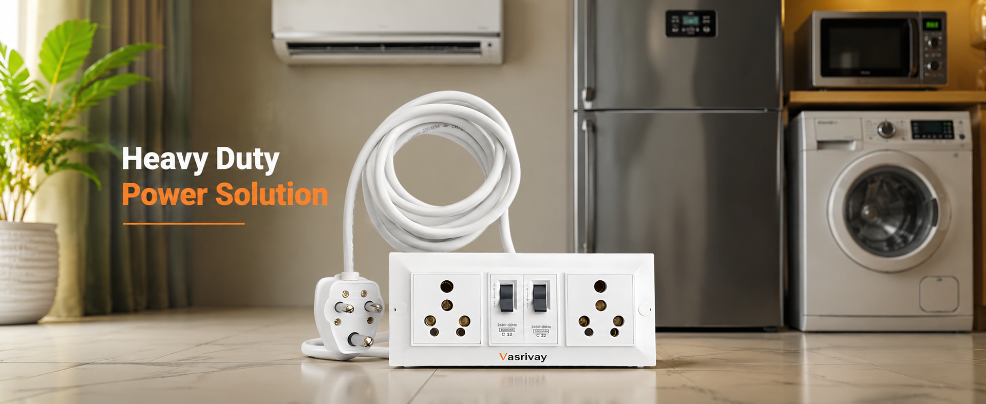 Heavy Duty 16A Extension Board with Dual 16A MCB Switch | 1.5 sqmm 3 Core Cable | Power Strip for AC, Refrigerator & Microwave | Two 16 Amp Sockets (White) (2 Meter)