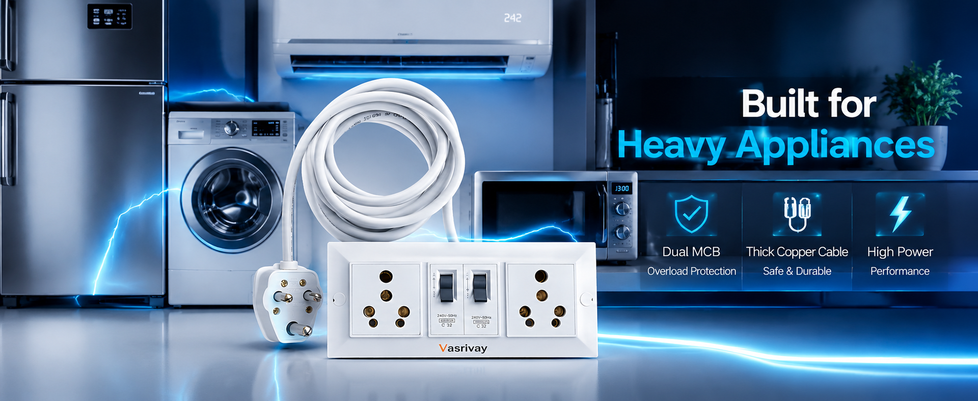 Heavy Duty 16A Extension Board with Dual 16A MCB Switch | 1.5 sqmm 3 Core Cable | Power Strip for AC, Refrigerator & Microwave | Two 16 Amp Sockets (White) (2 Meter)