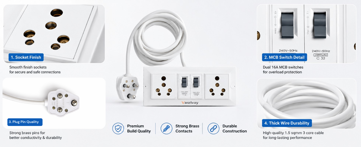 Heavy Duty 16A Extension Board with Dual 16A MCB Switch | 1.5 sqmm 3 Core Cable | Power Strip for AC, Refrigerator & Microwave | Two 16 Amp Sockets (White) (2 Meter)