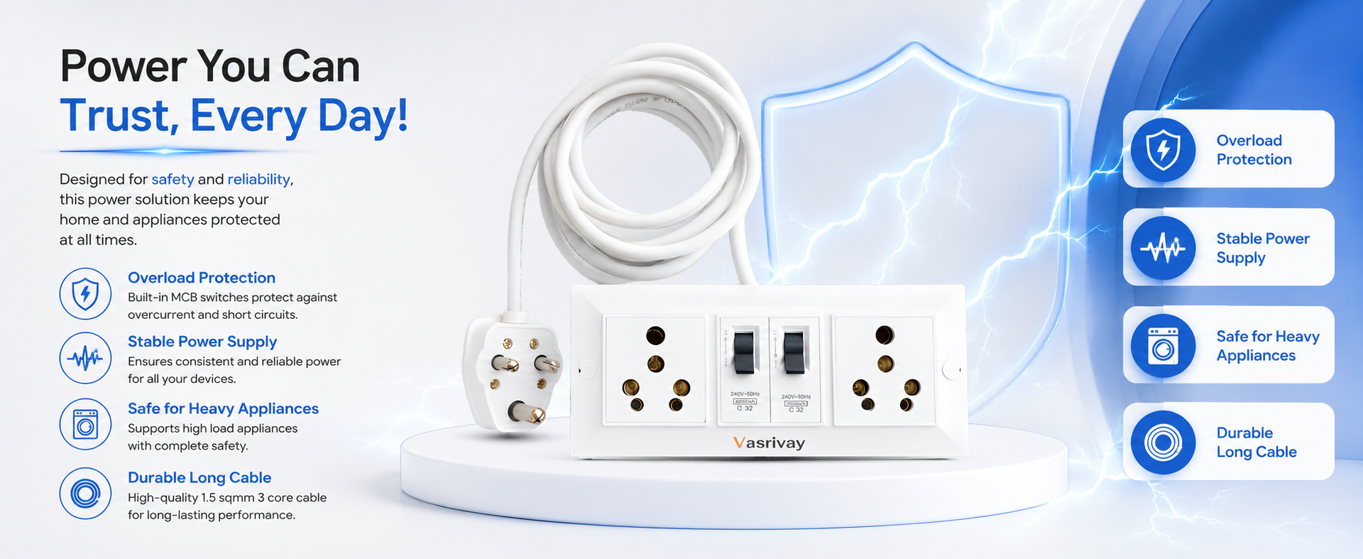 Heavy Duty 16A Extension Board with Dual 16A MCB Switch | 1.5 sqmm 3 Core Cable | Power Strip for AC, Refrigerator & Microwave | Two 16 Amp Sockets (White) (2 Meter)