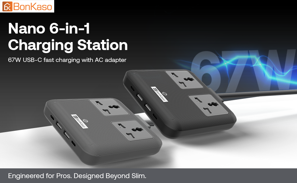 BonKaso Nano 6-in-1 67W GaN Fast Charging Station with 2 AC Outlets, 2 USB-C & 2 USB-A Ports | Ultra Slim Portable Power Hub | Multi-Layer Protection | 330g | 11.8x10.5x2 CM (Black)