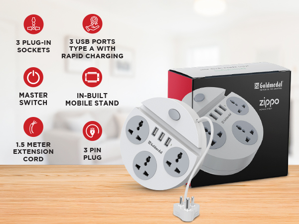 Goldmedal Zippo 1.5-Meter Extension Cord | 3 USB Charging Ports & Mobile Holder | Master Switch with Indicator | 3 Universal Sockets | Compatible with All Devices | for Home & Office | White
