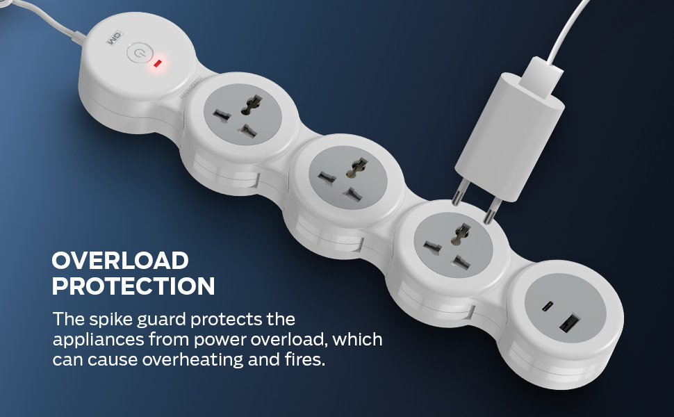 GM G-Hoop 4+1 Multi Plug Extension Board with 2 Metre Cord | Type-C & A USB Port | Smart Spike Guard with Switch, LED Indicator & Safety Shutters | Best for Desk, TV, Office & Charging Station