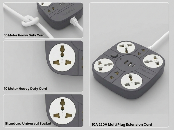 ADDMAX Extension Board with USB | 6 Power Sockets, 2 USB Ports + 1 Type-C Port | 10 Meter Heavy Duty Cord | 10A 220V Multi Plug Extension Cord | Fireproof Power Strip for Home, Office & Laptop – Grey