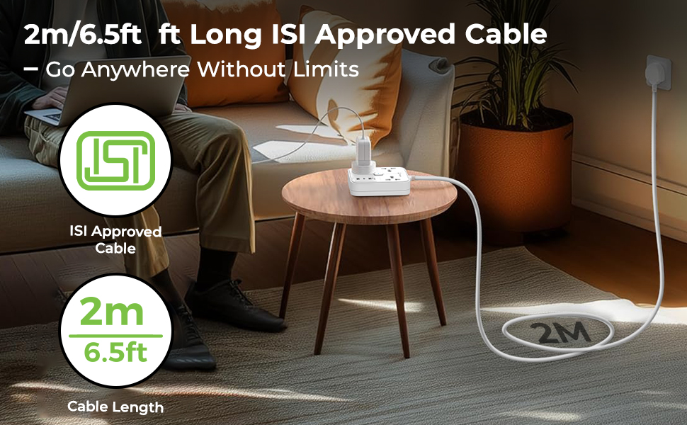 UltraProlink 6 in 1 Extension Board Power Strip Multi-Port| ISI Approved Heavy Duty Cable-2m| 6 Ports-1 Fast Charge Type-C(PD 20W) 2 USB-A Ports & 3 AC Sockets|Charging iPhones 50% in 30 mins