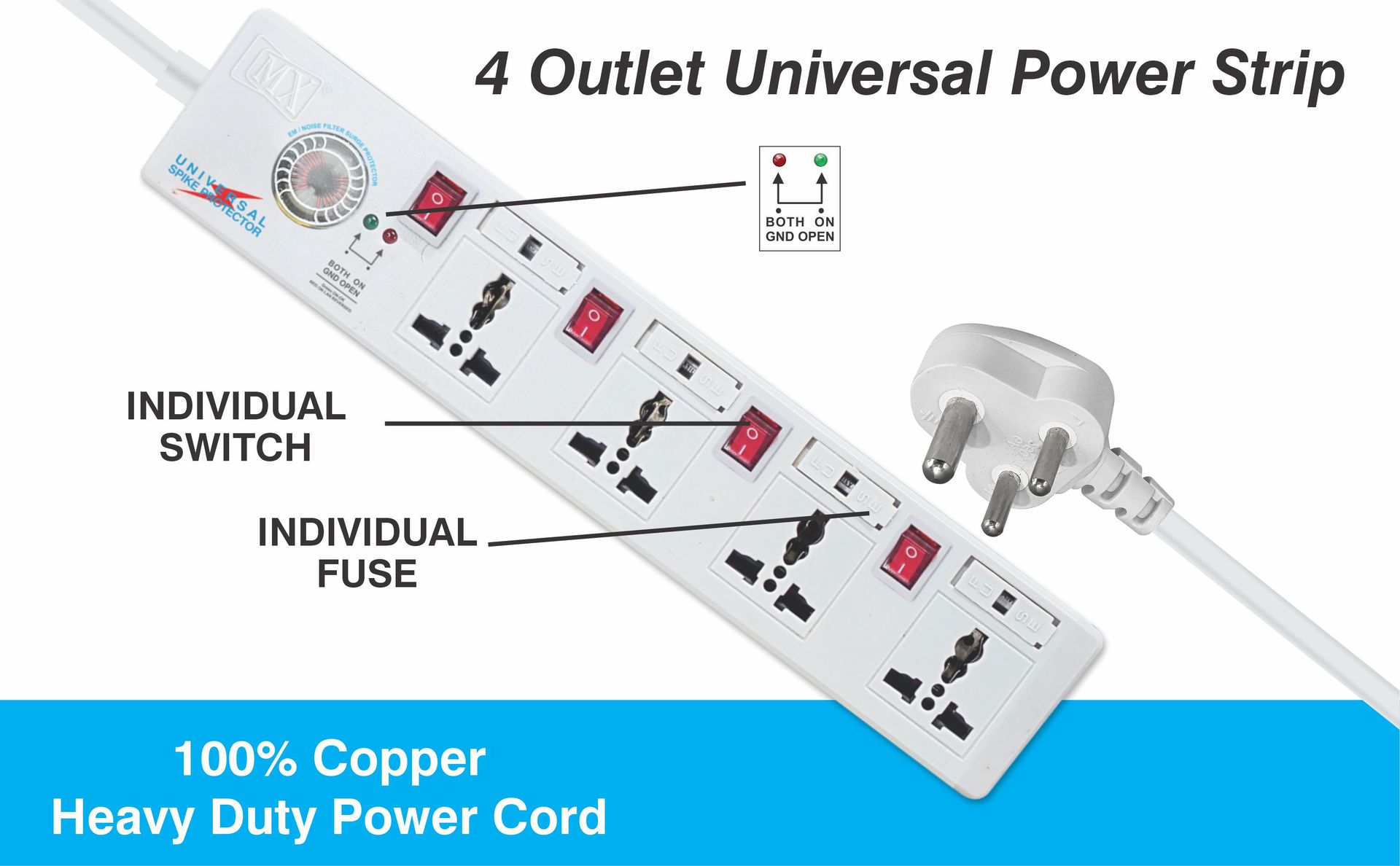 MX 4 Outlet Universal Spike Protector 5 Amp with Individual Switches & Fuse Protection, Extension Board with Universal Sockets, Power Strip for Multi Plug Power Extension Board for Home & Office