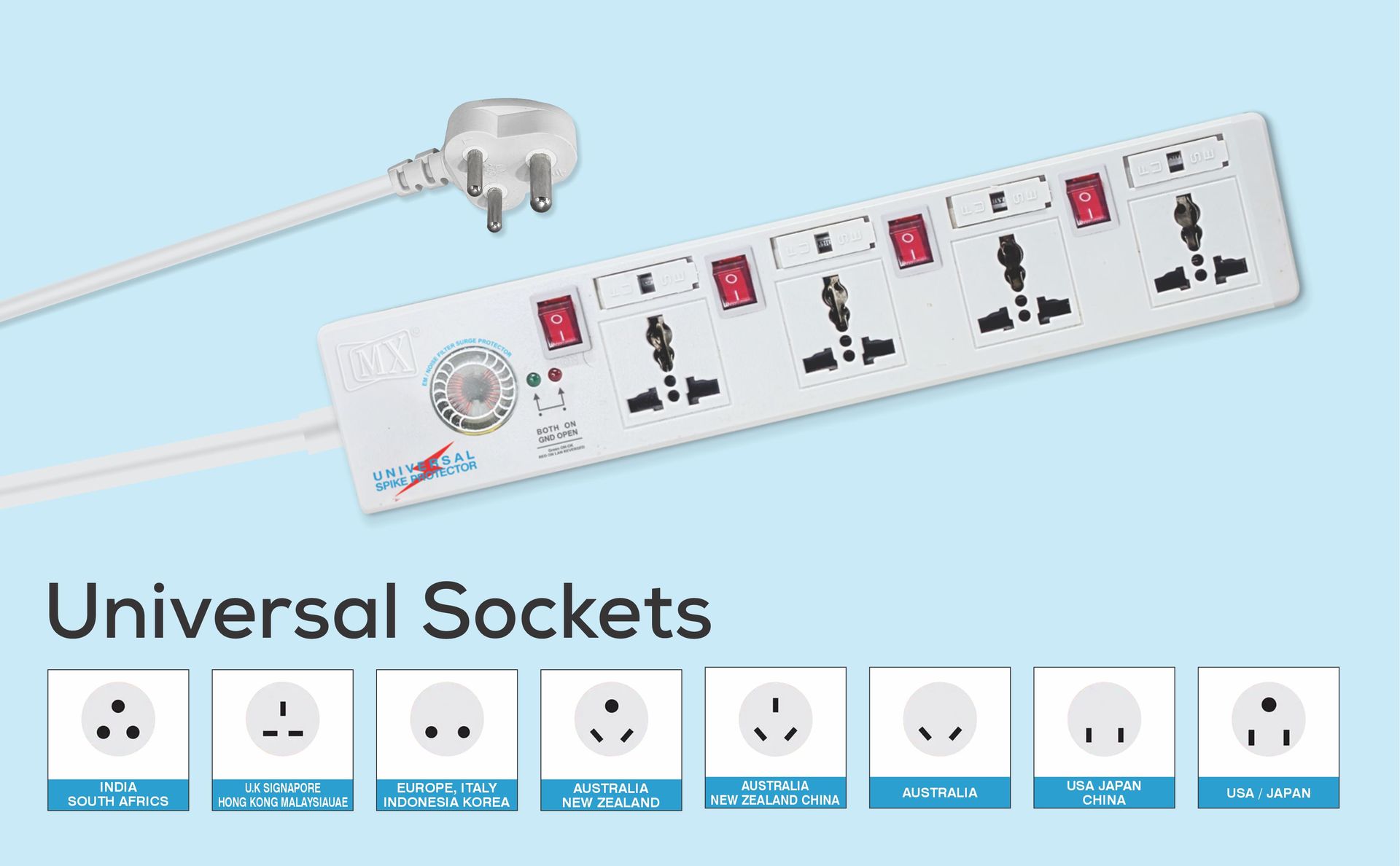 MX 4 Outlet Universal Spike Protector 5 Amp with Individual Switches & Fuse Protection, Extension Board with Universal Sockets, Power Strip for Multi Plug Power Extension Board for Home & Office