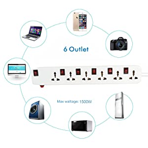 FEDUS 13 Feet Long Extension Board Extension Box | Spike Guard 6 Socket 6 Switch Junction Box with Switch, Extension Cords Cord, Spike Buster, Extension Board with 4m Wire (6 Socket 6 Switch), White