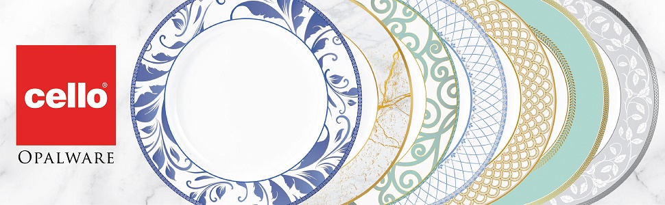 CELLO Tropical Lagoon Dazzle Series Opalware Dinner Set of 18 Pieces For Family of 6 | Bone-Ash Free & Leadfree Opal Glass, Microwave & Dishwasher Safe Plates & Bowls Crockery Set For Dining & Gifting