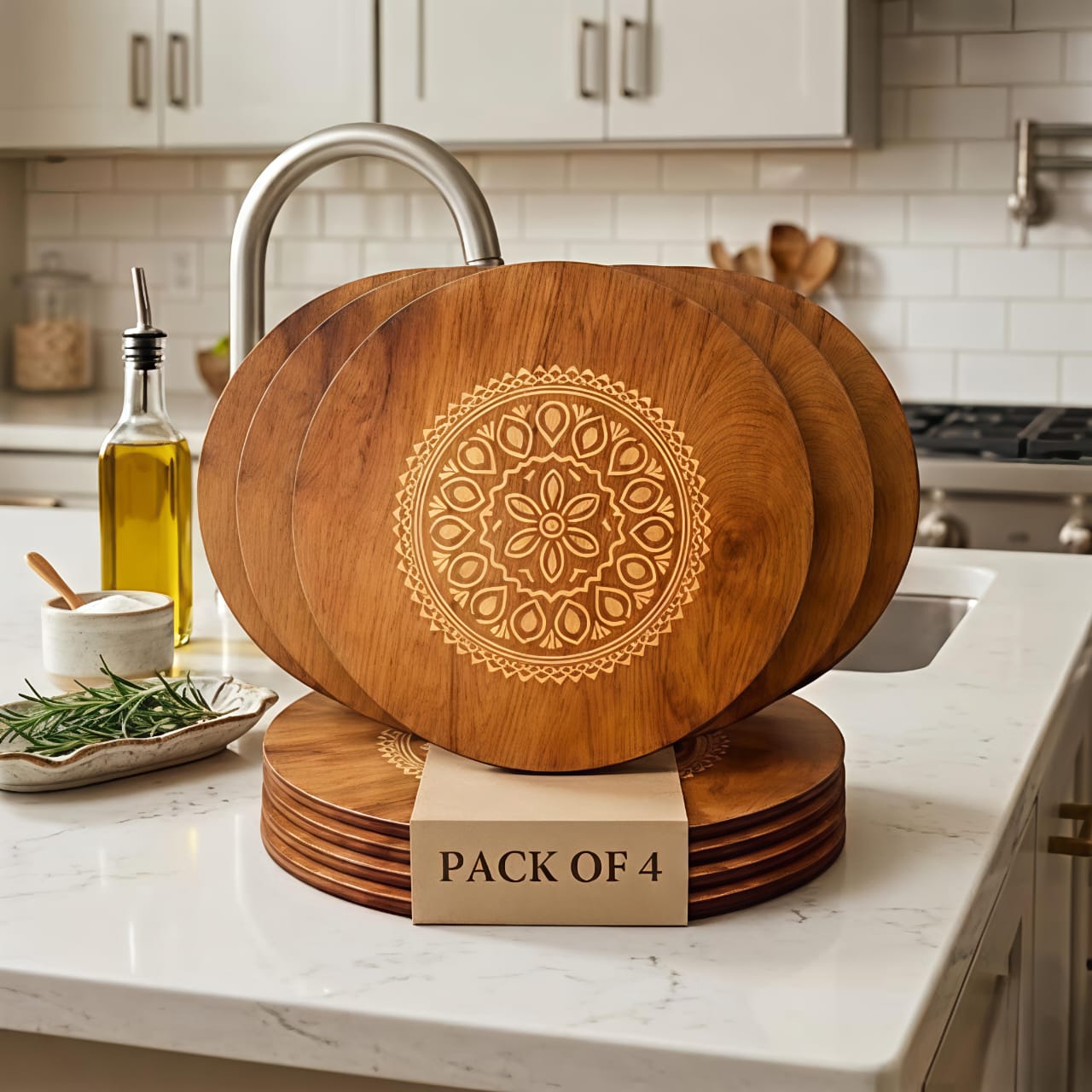 Round Wooden Trivet,Place Mate Set of 4 (20cm) |Bamboo Table Mats with Engraved Design | Heat Resistant Hot Pot Stand| Dining Table Protector | Wooden Coaster for Kitchen & Cookware (20x20 cm)