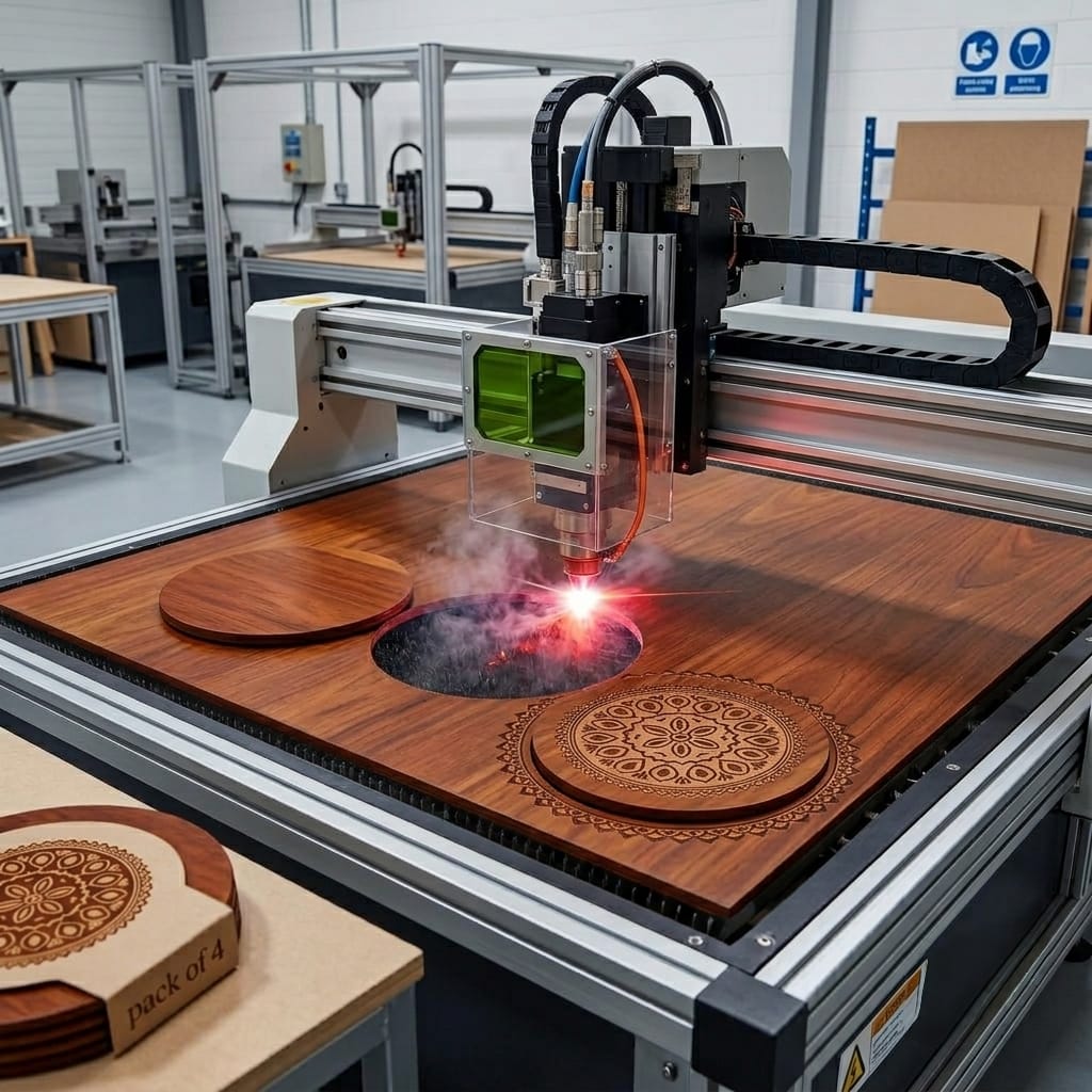 Round Wooden Trivet,Place Mate Set of 4 (20cm) |Bamboo Table Mats with Engraved Design | Heat Resistant Hot Pot Stand| Dining Table Protector | Wooden Coaster for Kitchen & Cookware (20x20 cm)