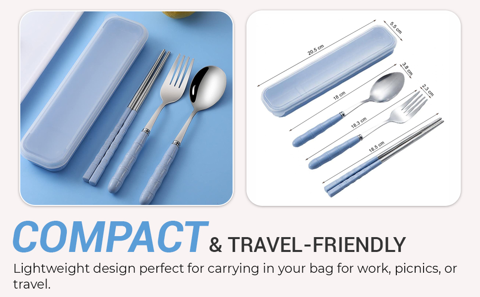 INOVERA (LABEL) 3 Pieces Cutlery Set of Spoon, Fork, Chopsticks - Reusable Tableware Cutleries with Case - Dining Accessories Sets for Travel, Office, Home (Blue)