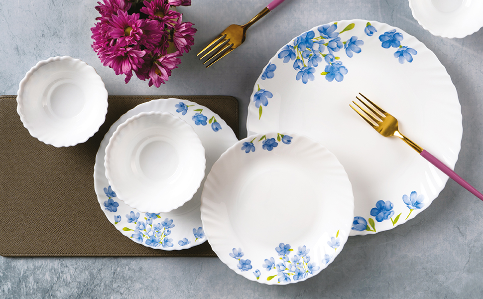 La Opala Diva Classique Collection Opal Glass Crockery | Quarter Plate Set of 6 | Aster Blue Design | for Snacking & Gifting | Microwave Safe | 100% Vegetarian | Extra Strong | Light & White