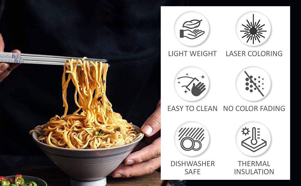 INKULTURE 5 Pairs Reusable Metal Stainless Steel Chopsticks Dishwasher Safe Lightweight Easy to Use Metal Chop Stick Utensils