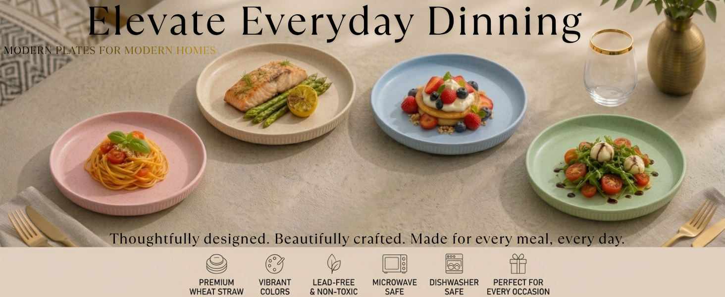 Wheat Straw Dinner Plate Set, Eco-Friendly Dinner Set Round Serving Plate, Dishwasher & Microwave Safe - Perfect for Dinner Dishes Deep Plates Easy to Clean (Pink, Medium)