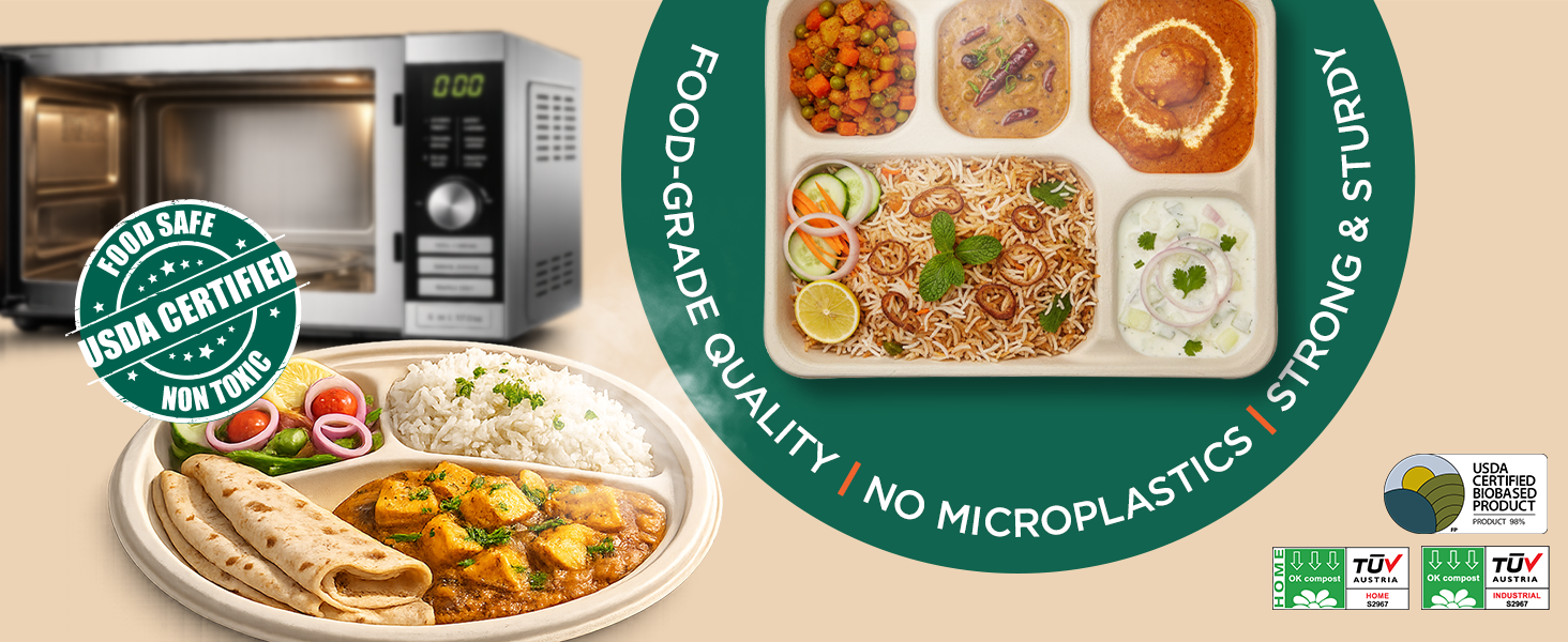 Eco Soul | 5 Compartment Bagasse Meal Tray | 11 Inch - Pack of 50 | Disposable Plates Big Size | Eco-Friendly, Durable & Leak-Proof | Great for Events, Caterers & Buffet