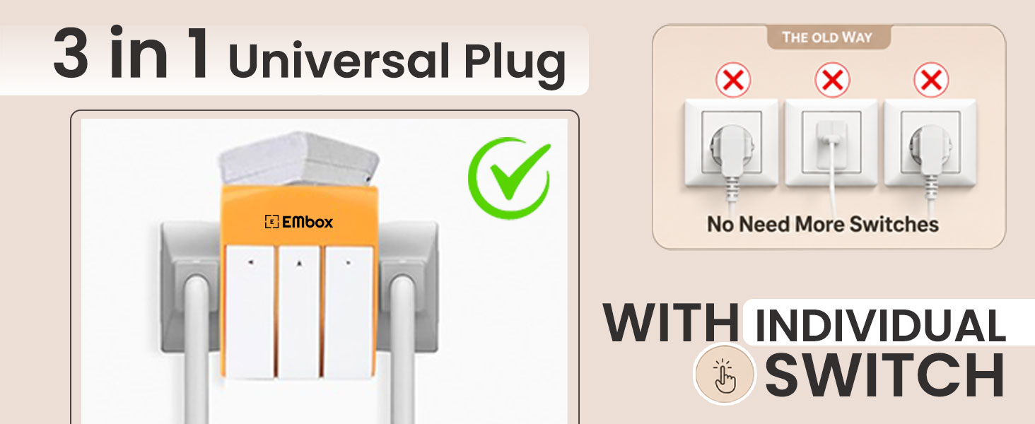 EMBOX 3 Pin Multi Plug Adapter with Individual Switch 3 Pin Plug Socket Safety Shutter Spike Buster Fuse Protected Adapter 3 Way Plug Extension for Home Office Travel-5A-250V, Pack of 1 Orange