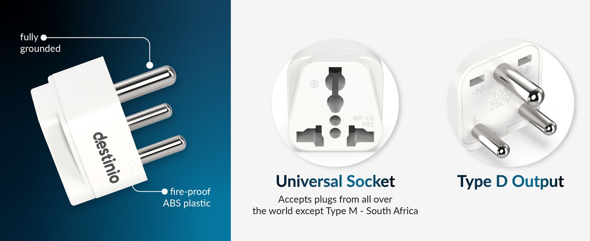 Destinio Universal Travel Converter Plug Type D | World to India Adapter | Compatible for US Canada UK Europe Australia China | CE Certified, ROHS Compliant | 10A 250V Single Socket (Pack of 1 Pack)