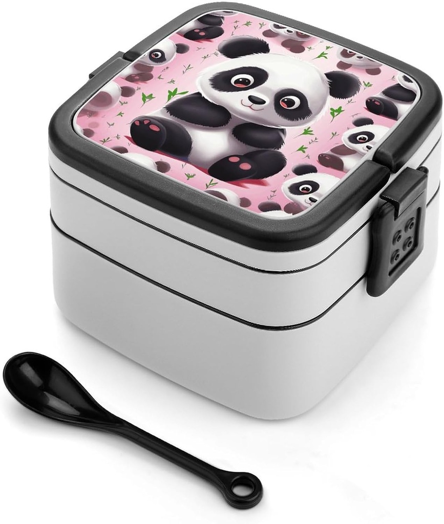 Cute Panda Bento Box Double Layer Lunch Box for Adults with Spoon And Handle Stackable Lunchbox Leakproof Lunch Container for Work Picnic Travel