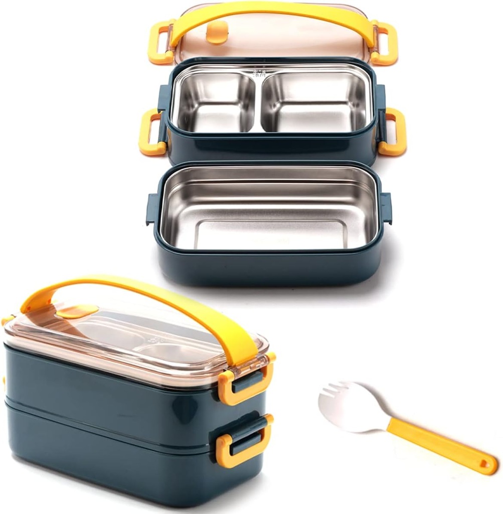 IIF Bento Box Lunch Box 1.6L Double Stack Compartments with Spoon Fork Removable Stainless Steel Container Leakproof