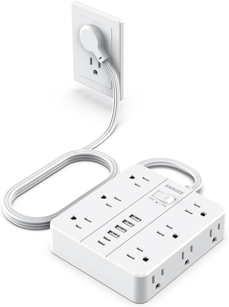 Power Strip Flat Plug with 12 Outlets 6 USB(2 USB C),SMNICE Surge Protector Charging Station with Overload Protection,5ft Extension Cord Widely Spaced Multiple Outlets for Home Office Dorm Essentials