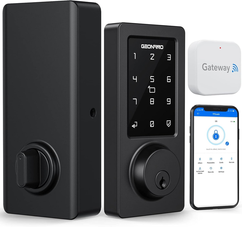 GEONFINO WiFi & Bluetooth Smart Lock with Keyless Entry, Touchscreen Keypad, Auto Lock, Alexa Voice Control, Black