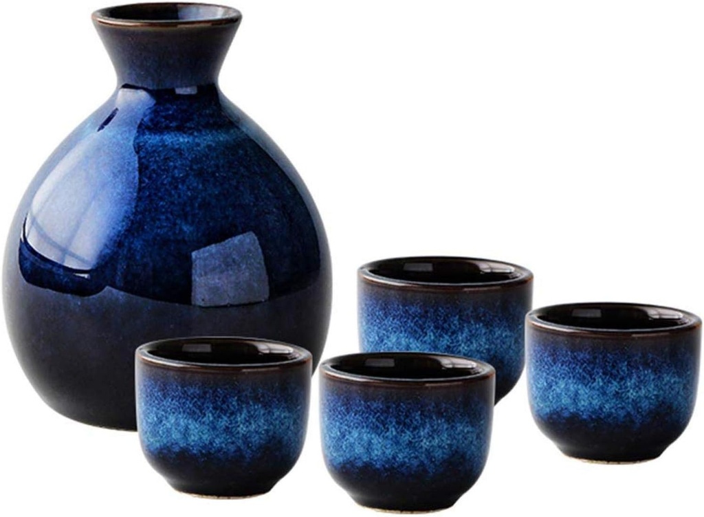 5Pcs Handmade Ceramic Sake Set Include 12Oz Sake Pot and 4Pcs Pottery Sake Cups for Warm/Cold Sake Service