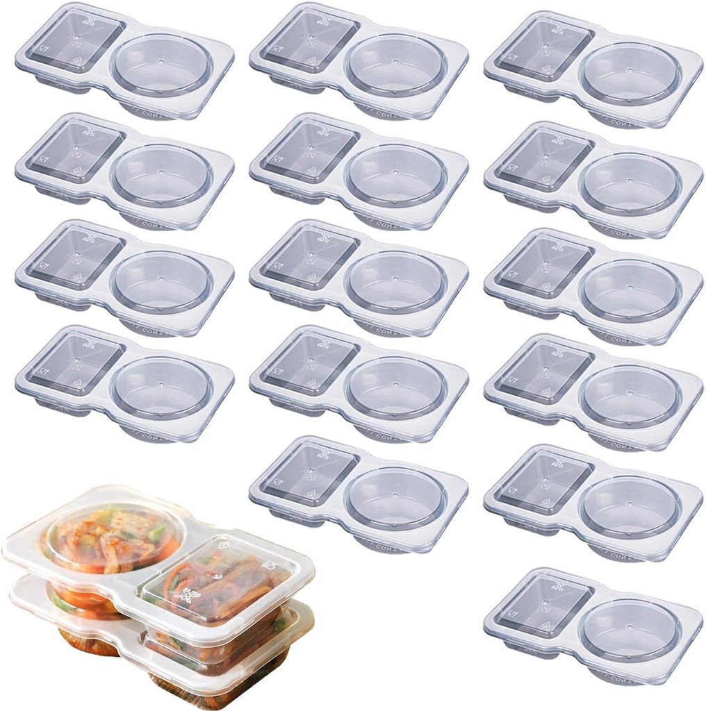 15PCS Double Compartment Condiment Containers with Lids,Disposable 2 Compartment Snack Containers,Dual Compartment Containerfor for Condiment, Dip, Sauce, Sampling and Travel Snacks