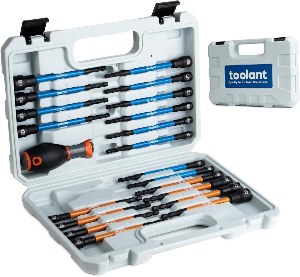 toolant 21pcs Extra Long Nut Driver Bit Set, SAE/Metric Magnetic Nut Driver Set with Replacement Handle
