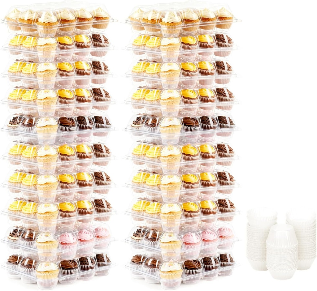 12 Count Cupcake Containers, Stackable Cake Carrier with Liners, Clear Disposable Cake Trays for Baking, Parties (12)