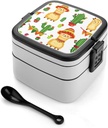 Mexico Llama Cactus Portable Bento Box with Handle 2 Compartment Leak-Proof Stackable Lunch Box for Work Picnic Camping